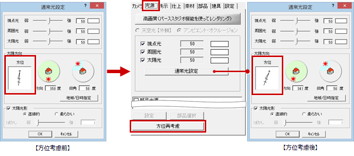 Q 配置図1面に方位マークを入力しても パースモニタの太陽光の設定に方位が反映されていないときの対処方法について教えてください