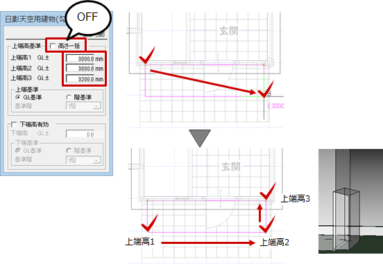 Q：庇部分の日影天空用建物が自動作成されないときの対処方法を教えてください。