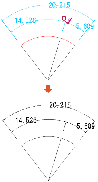 CAD》で円弧を交点で分割して寸法線を描くにはどうしたらよい