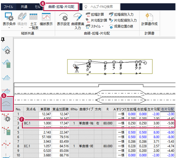 《縦横断測量》で、[横断計画]の「道路部」の勾配が標準断面で設定した値と違って変更されてしまいます。