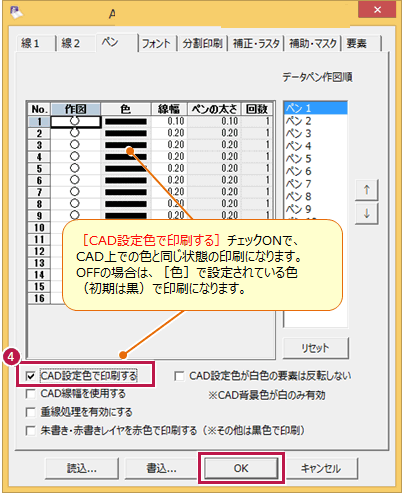CAD画面上では色分けされている図面が、白黒（モノクロ）で印刷